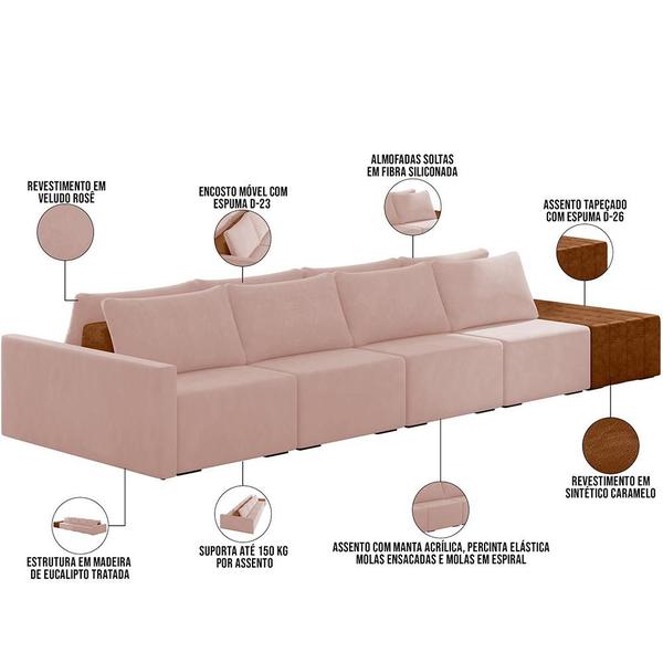 Imagem de Sofá Ilha Modular Para Sala 432cm com Puff Dublin K01 Veludo Rosê Sintético Caramelo - Lyam Decor