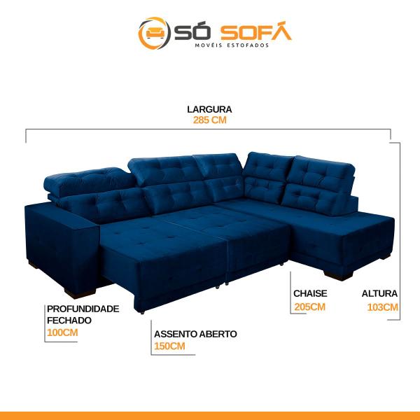 Imagem de Sofá Impermeável Canto Chaise D 285 x 205 cm Retrátil Reclinável São Paulo Veludo Azul - SóSofa