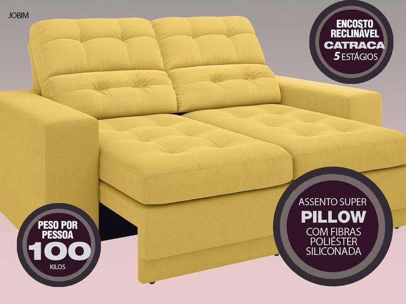 Imagem de Sofá Jobim 1,70m Assento Retrátil e Reclinável Velosuede Canário - NETSOFAS