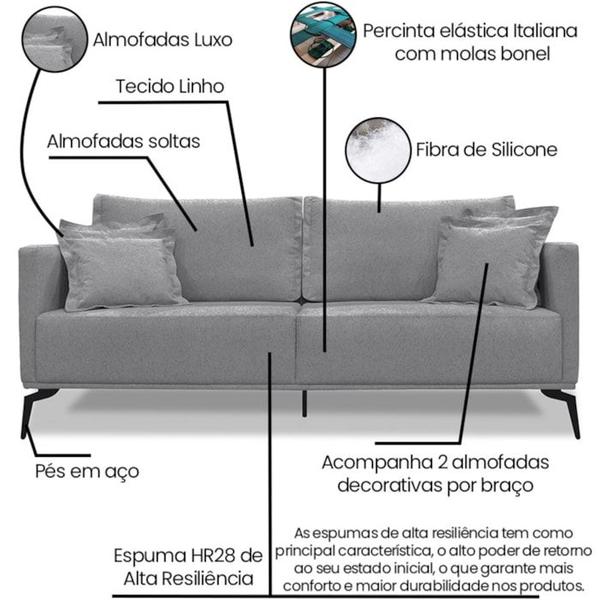 Imagem de Sofa Liv 3 Lugares 200cm Pes Aço Linho 233 Cinza Ezz