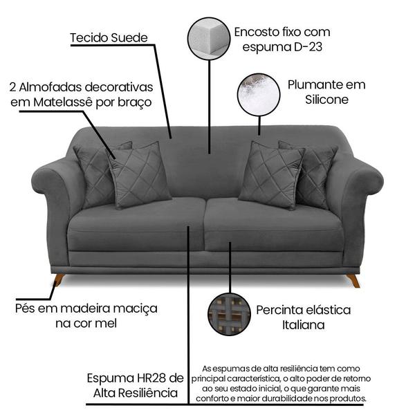 Imagem de Sofá Living 2 Lugares 1,80m Vênus Suede Cinza Pés Castanho - Pallazio