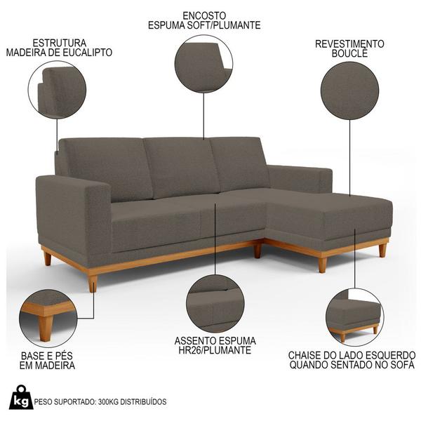 Imagem de Sofá Living 200cm 3 Lugares Com Chaise Esquerdo Kayrós D05 Bouclê Cappucino - Mpozenato