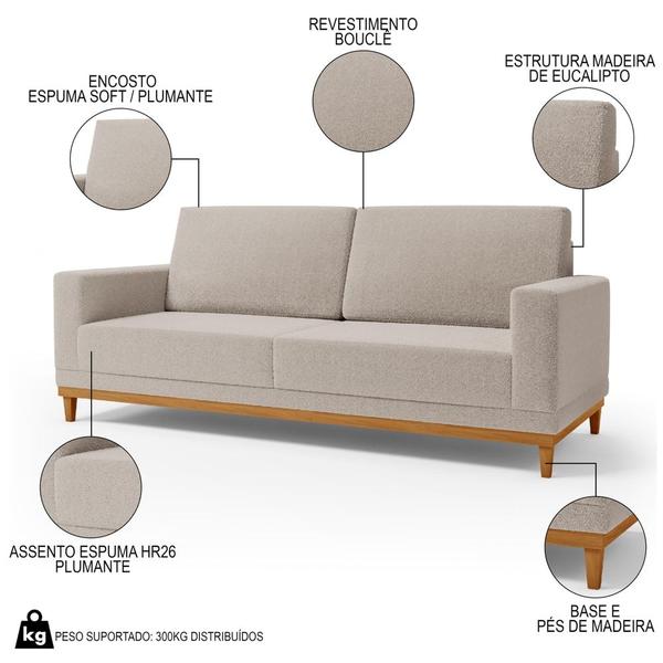 Imagem de Sofá Living 200cm 3 Lugares Kayrós D05 Bouclê Bege - Mpozenato