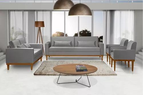 Imagem de Sofá Living 3 e 2 Lugares Valência - 2,20/1,58mts + 02 Poltronas C/ Base Madeira de Reflorestamento - Veludo Cinza