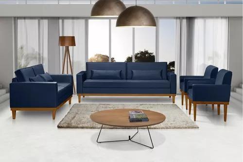 Imagem de Sofá Living 3 e 2 Lugares Valência - 2,20/1,58mts + 02 Poltronas C/ Base Madeira - Veludo Azul