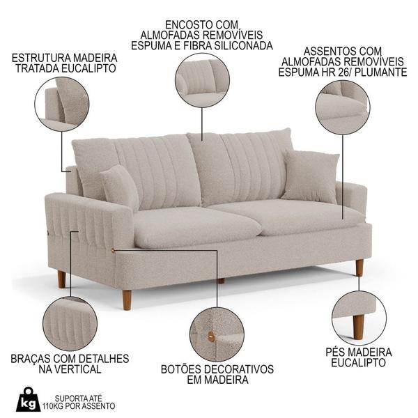 Imagem de Sofá Living 3 Lugares 200cm com Almofadas Veras D05 Bouclê Bege - Mpozenato