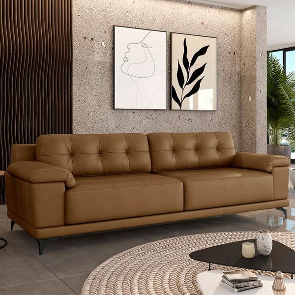 Imagem de Sofá Living 3 lugares 212cm Agostino Pés Design em Ferro Couro Caramelo G52 - Gran Belo