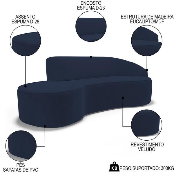 Imagem de Sofá Living 3 Lugares 230cm Braço Direito Mozart D06 Veludo Azul - Mpozenato