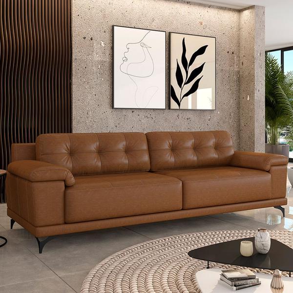 Imagem de Sofá Living 3 lugares 232cm Agostino Pés Design em Ferro Couro Caramelo Manchado G52 - Gran Belo