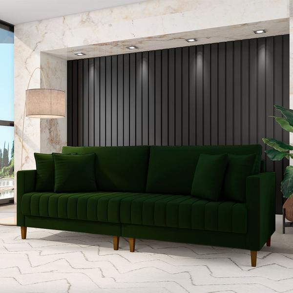 Imagem de Sofá Living Decorativo Hamburgo Bipartido 2 Lugares 216cm com Almofadas Pés em Madeira Veludo Verde G33 - Gran Belo