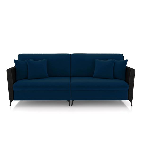 Imagem de Sofá Living Decorativo Zagreb 2 Lugares 182cm com Almofadas Pés de Ferro Veludo/PU Azul/Preto G33 - Gran Belo