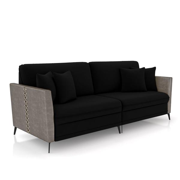 Imagem de Sofá Living Decorativo Zagreb 2 Lugares 182cm com Almofadas Pés de Ferro Veludo/PU Preto/Cinza G33 - Gran Belo