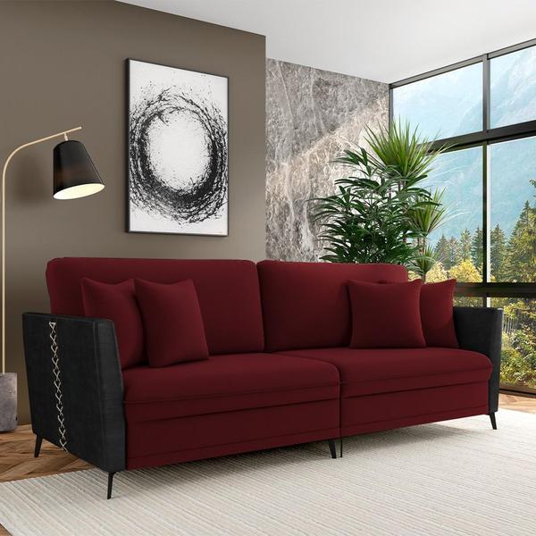 Imagem de Sofá Living Decorativo Zagreb 2 Lugares 202cm com Almofadas Pés de Ferro Veludo/PU Bordô/Preto G33 - Gran Belo