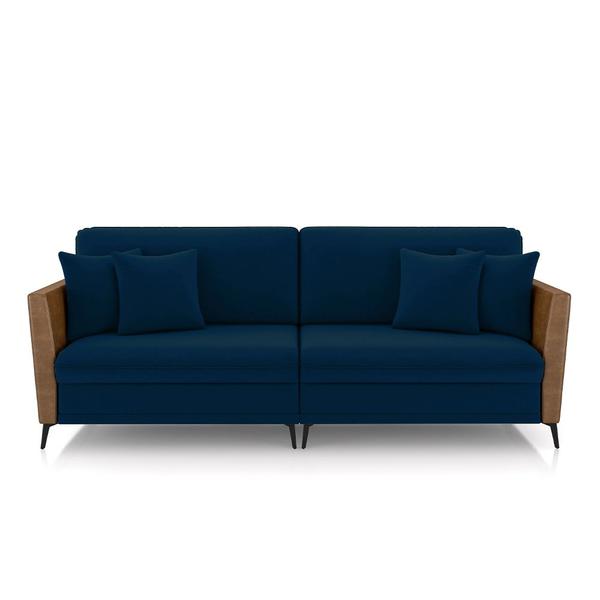 Imagem de Sofá Living Decorativo Zagreb 2 Lugares 222cm com Almofadas Pés de Ferro Veludo/PU Azul/Caramelo G33 - Gran Belo