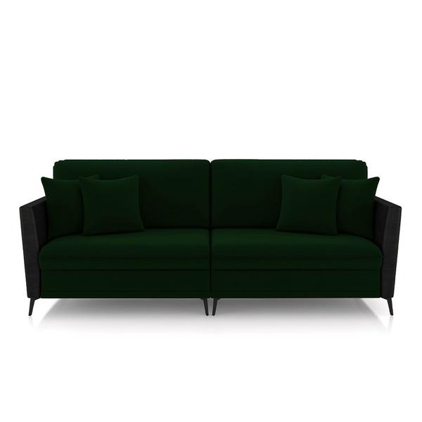 Imagem de Sofá Living Decorativo Zagreb 2 Lugares 222cm com Almofadas Pés de Ferro Veludo/PU Verde/Preto G33 - Gran Belo