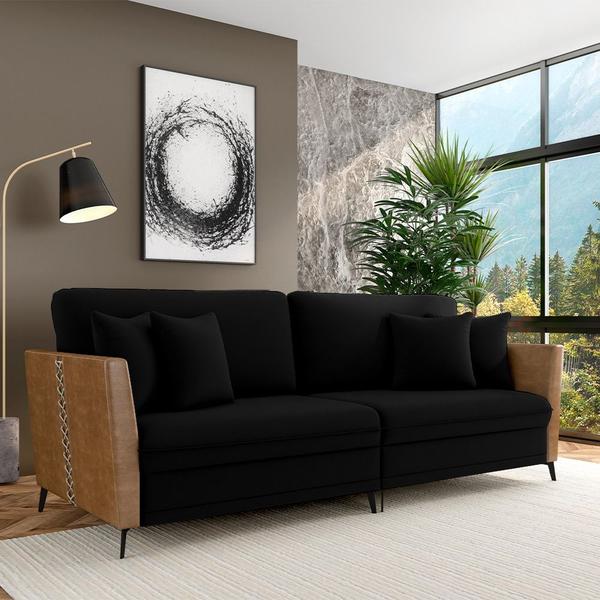 Imagem de Sofá Living Decorativo Zagreb 3 Lugares 242cm com Almofadas Pés de Ferro Veludo/PU Preto/Caramelo G33 - Gran Belo