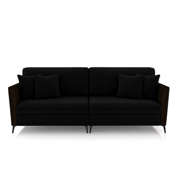 Imagem de Sofá Living Decorativo Zagreb 3 Lugares 262cm com Almofadas Pés de Ferro Veludo/PU Preto/Marrom G33 - Gran Belo