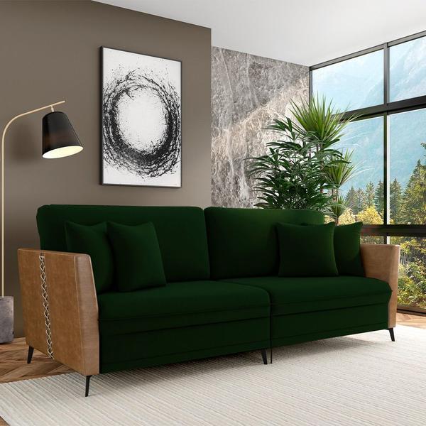 Imagem de Sofá Living Decorativo Zagreb 3 Lugares 262cm com Almofadas Pés de Ferro Veludo/PU Verde/Caramelo G33 - Gran Belo