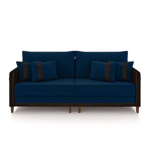 Imagem de Sofá Living Montecarlo 2 Lugares Bipartido 172cm Pés em Madeira Veludo/PU Azul/Marrom G33 - Gran Belo