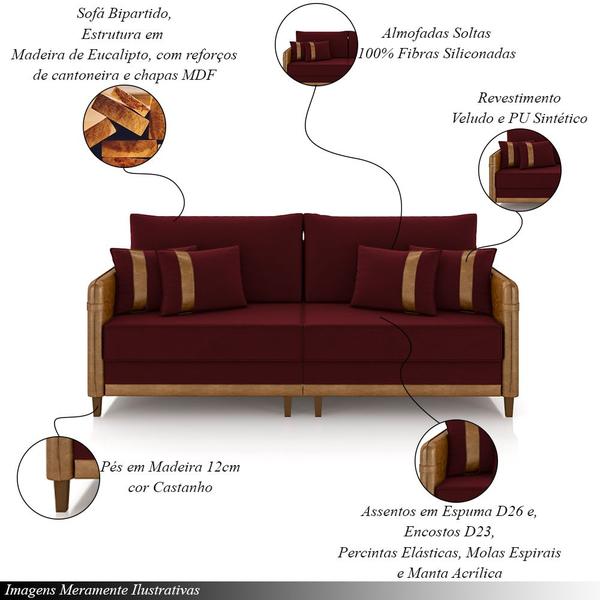 Imagem de Sofá Living Montecarlo 2 Lugares Bipartido 172cm Pés em Madeira Veludo/PU Bordô/Caramelo G33 - Gran Belo