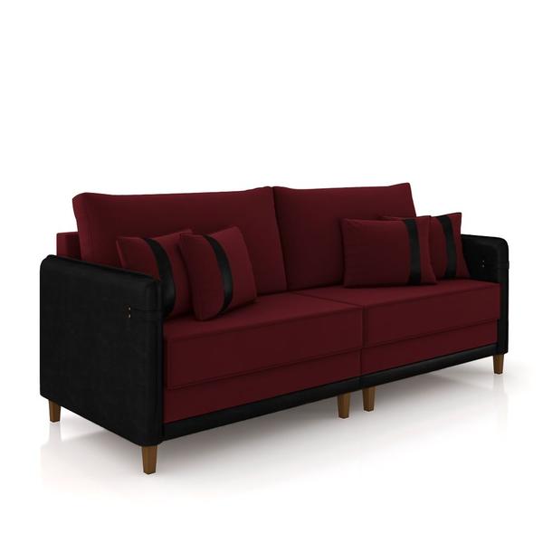 Imagem de Sofá Living Montecarlo 2 Lugares Bipartido 172cm Pés em Madeira Veludo/PU Bordô/Preto G33 - Gran Belo