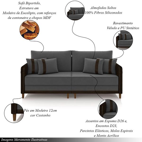 Imagem de Sofá Living Montecarlo 2 Lugares Bipartido 172cm Pés em Madeira Veludo/PU Grafite/Marrom G33 - Gran Belo