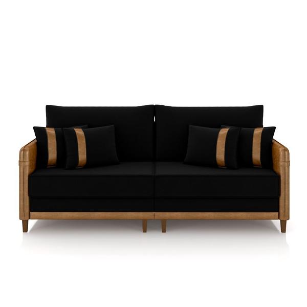 Imagem de Sofá Living Montecarlo 2 Lugares Bipartido 172cm Pés em Madeira Veludo/PU Preto/Caramelo G33 - Gran Belo