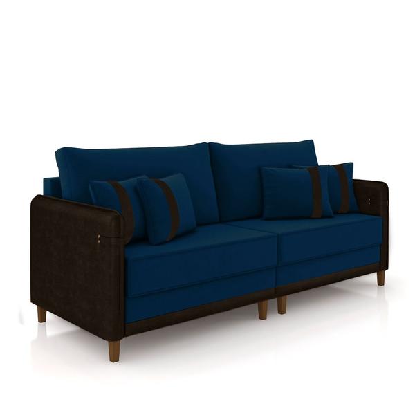 Imagem de Sofá Living Montecarlo 2 Lugares Bipartido 212cm Pés em Madeira Veludo/PU Azul/Marrom G33 - Gran Belo