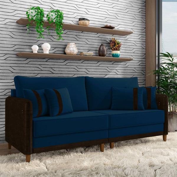 Imagem de Sofá Living Montecarlo 2 Lugares Bipartido 212cm Pés em Madeira Veludo/PU Azul/Marrom G33 - Gran Belo