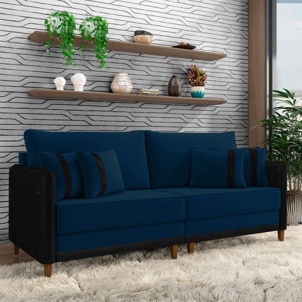 Imagem de Sofá Living Montecarlo 2 Lugares Bipartido 212cm Pés em Madeira Veludo/PU Azul/Preto G33 - Gran Belo