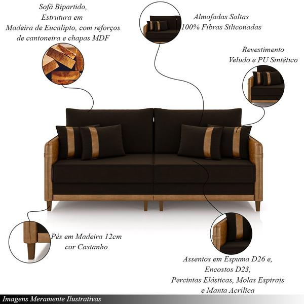 Imagem de Sofá Living Montecarlo 3 Lugares Bipartido 232cm Pés em Madeira Veludo/PU Marrom/Caramelo G33 - Gran Belo