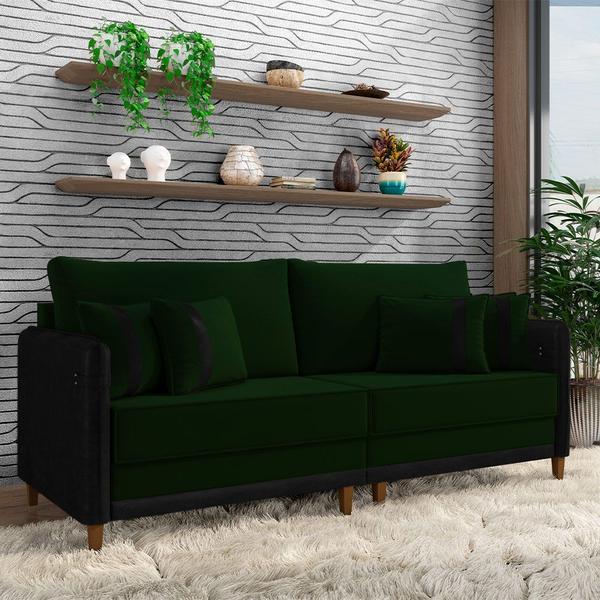 Imagem de Sofá Living Montecarlo 3 Lugares Bipartido 232cm Pés em Madeira Veludo/PU Verde/Preto G33 - Gran Belo