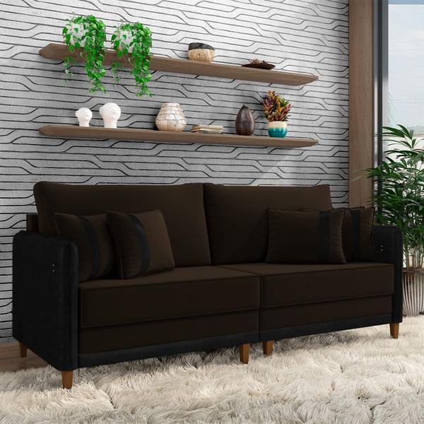 Imagem de Sofá Living Montecarlo 3 Lugares Bipartido 252cm Pés em Madeira Veludo/PU Marrom/Preto G33 - Gran Belo