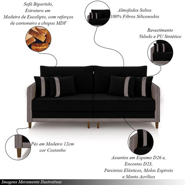 Imagem de Sofá Living Montecarlo 3 Lugares Bipartido 252cm Pés em Madeira Veludo/PU Preto/Cinza G33 - Gran Belo