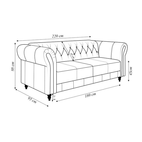 Imagem de Sofá Living Sala de Estar Stanford Chesterfield 2 Lugares 220cm Pés de Madeira Couro Preto Brilho G58 - Gran Belo