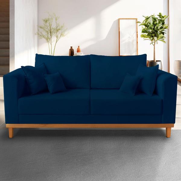 Imagem de Sofá Moderno Viena 3 Lugares Com Almofadas Decorativa Suede Azul - Madeira Prima Deccor