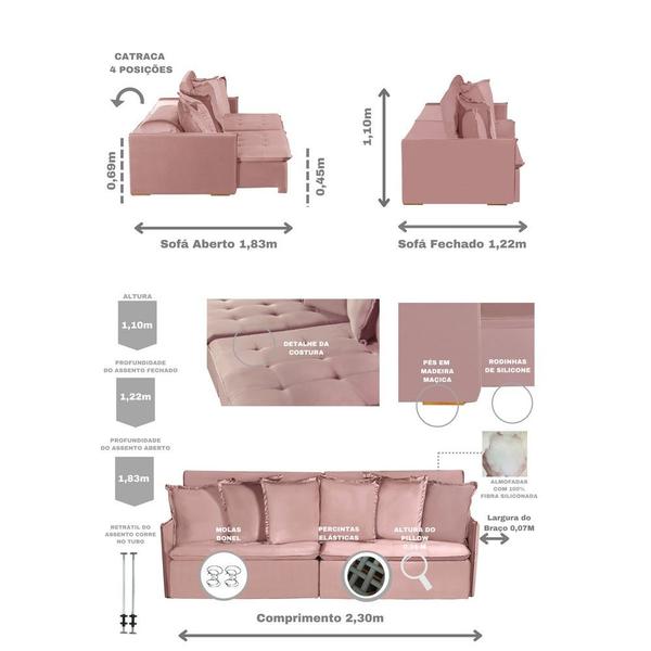 Imagem de Sofá Modular 4 Lugares Olinda 2.30 MT com Molas Retrátil e Reclinável Veludo Nobre Sofatec