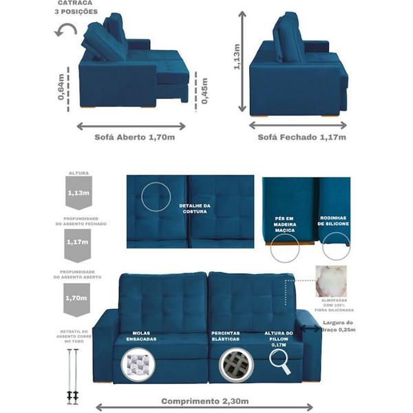 Imagem de Sofá Modular Curitiba 3 Lugares 2.30 MT Retrátil Reclinável Veludo Sofatec