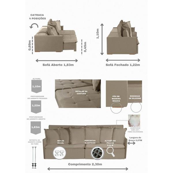 Imagem de Sofá Modular Olinda 4 Lugares 2.30 MT com Molas Retrátil Reclinável Linho Corriente Sofatec