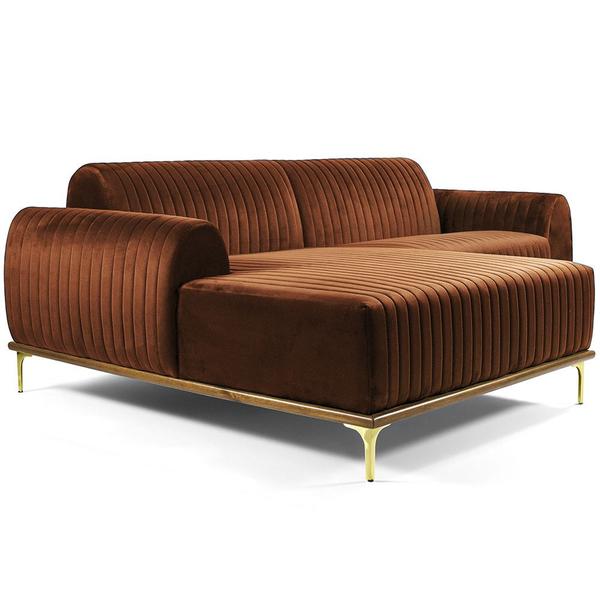 Imagem de Sofá Molino 03 Lugares 230cm Chaise Direito Base Madeira Pés Gold Veludo Camel - Nexta Casa