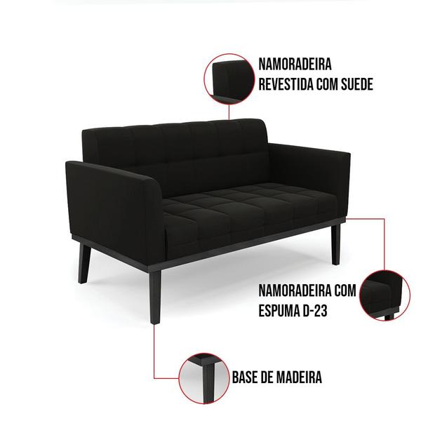 Imagem de Sofá Namoradeira 2 Lugares Base de Madeira Preto Elisa Suede D03 - D'Rossi