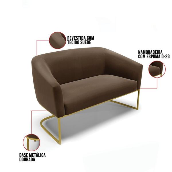 Imagem de Sofá Namoradeira 2 Lugares Base Industrial Dourado Stella Suede Marrom D03 - D'Rossi