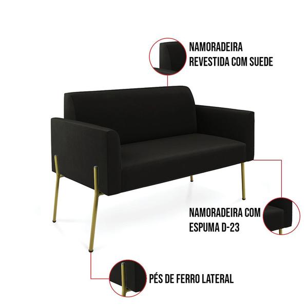 Imagem de Sofá Namoradeira 2 Lugares Pé de Ferro Dourado Marisa Suede D03 - D'Rossi