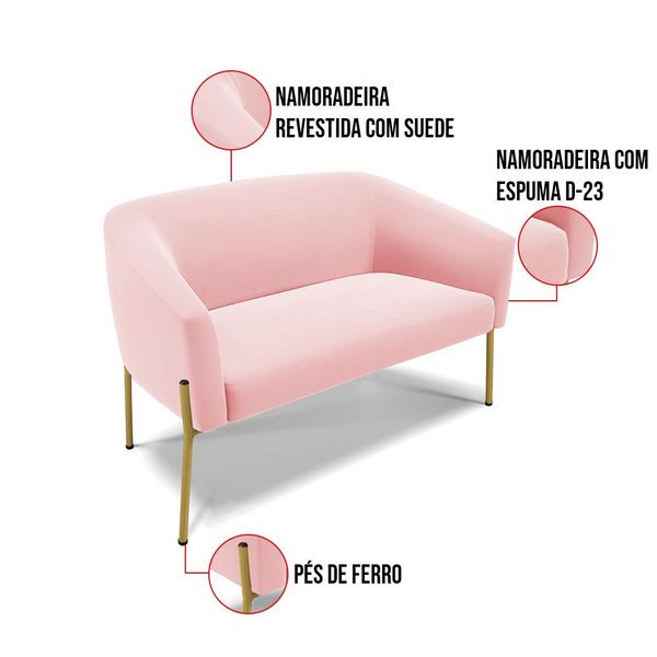 Imagem de Sofá Namoradeira 2 Lugares Pé de Ferro Dourado Stella Suede Rosa Bebê D03 - D'Rossi