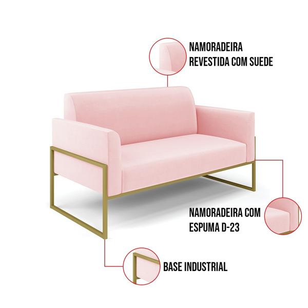 Imagem de Sofá Namoradeira Base Industrial Alta Dourado Marisa Suede Rosa Bebê D03 - D'Rossi