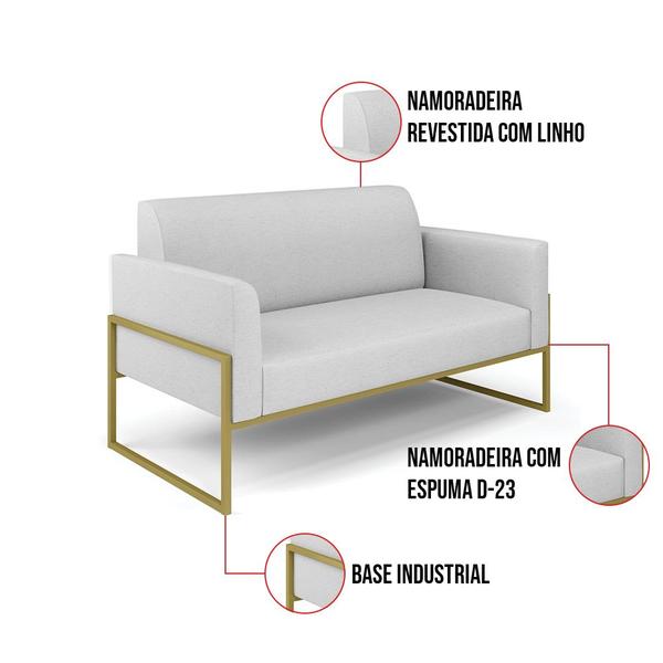 Imagem de Sofá Namoradeira com 2 Poltronas Base Industrial Alta Dourado Marisa Linho D03 - D'Rossi