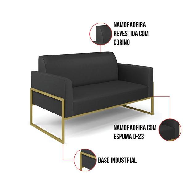 Imagem de Sofá Namoradeira com 2 Poltronas Base Industrial Alta Dourado Marisa material sintético Preto D03 - D'Rossi