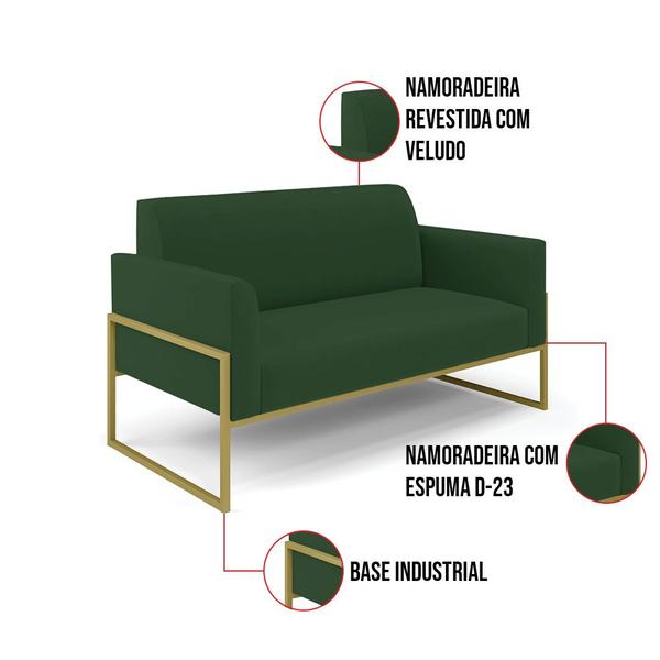 Imagem de Sofá Namoradeira com 2 Poltronas Base Industrial Alta Dourado Marisa Veludo D03 - D'Rossi