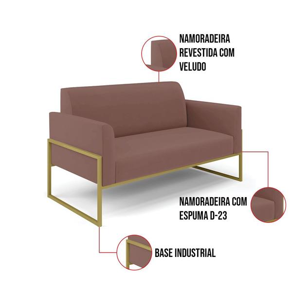 Imagem de Sofá Namoradeira com 2 Poltronas Base Industrial Alta Dourado Marisa Veludo Rosê D03 - D'Rossi