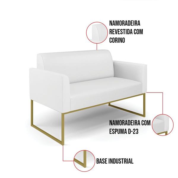 Imagem de Sofá Namoradeira com 2 Poltronas Base Industrial Dourado Marisa material sintético Branco D03 - D'Rossi